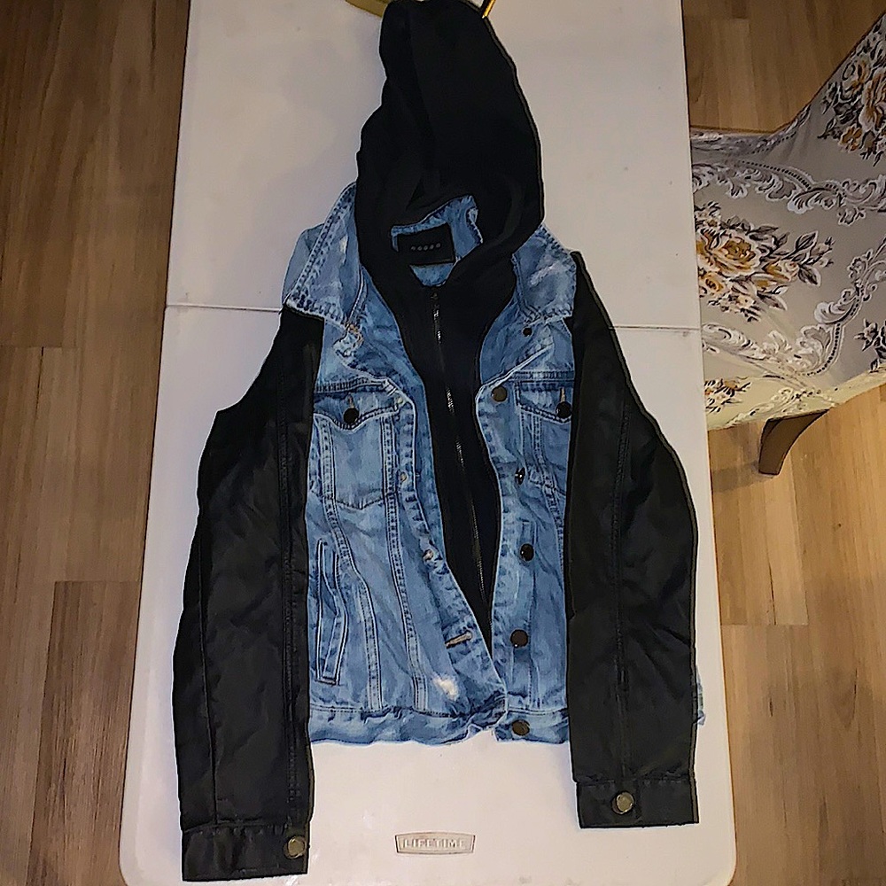 Light blue ripped leather jacket with detachable hood